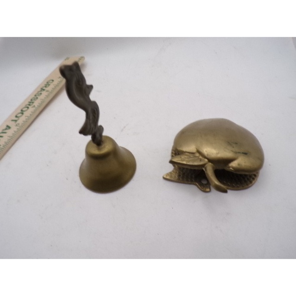 Vintage Brass Apple Paperweight and Duck Hand Bell Set Teacher Desk Decor 2pc